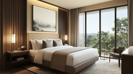 Fototapeta premium Modern Hotel Room with Bed, Nightstand, and View of Trees