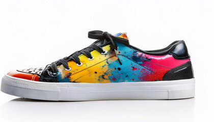 A colorful sneaker featuring a vibrant design with artistic splashes and a unique style.