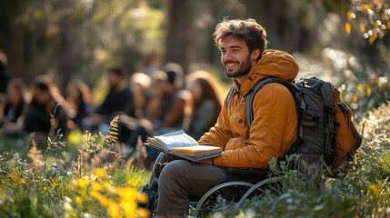 Young man with a backpack, enjoying nature and reading a book during a group outing in the park.
