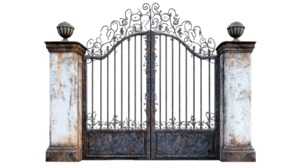 Rustic wrought iron gate with ornate design illuminated by soft light at dusk, on the transparent background. PNG Format