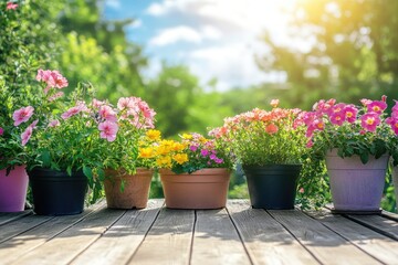 Wooden Terrace with Beautiful Summer Garden and Colorful Flower Pots on Balcony. Sunny Day with Copy Space for Banner