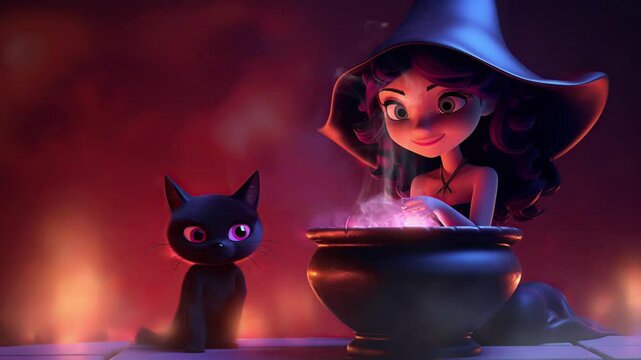 A cute witch brews a glowing potion in a cauldron beside her black cat, creating a magical and mystical scene.