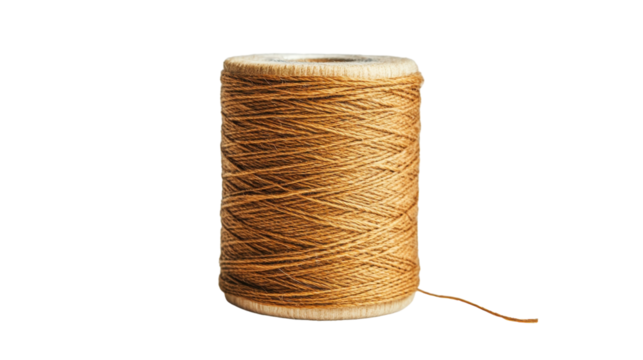 A spool of golden thread resting softly on a light background in a serene setting, on the transparent background. PNG Format