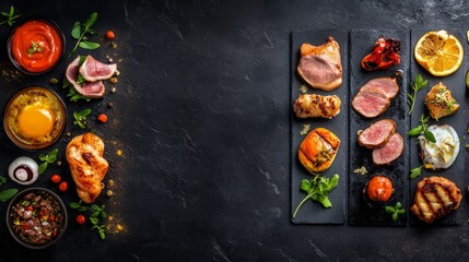 A selection of grilled meats, vegetables, and sauces on black slate plates with copy space in the middle.