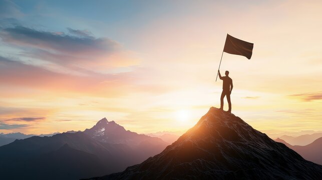 A person planting a flag on a peak, symbolizing achieving entrepreneurial success.