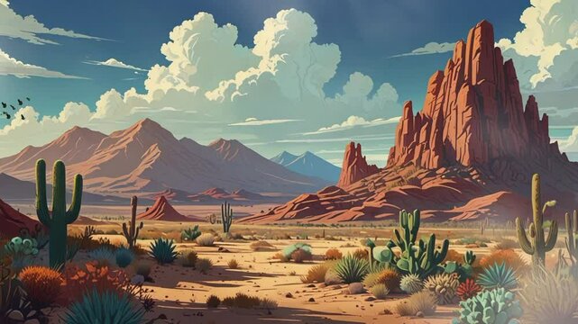desert landscape with cactus and mountains. seamless looping 4k video background animation