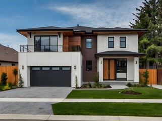Double garage, brick and siding trim, and a luxurious modern home exterior