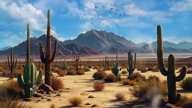 desert landscape with cactus and mountains. seamless looping 4k video background animation