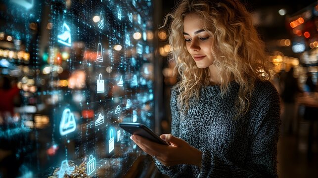 A woman scrolling through an online shoe store on her phone while enjoying breakfast in bed, with shopping icons surrounding her - Powered by Adobe