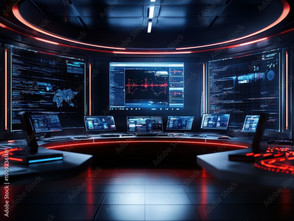 Fototapete Futuristic control room with multiple computer monitors displaying data and code.