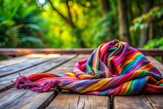 Elegant and Colorful Fular Draped Over a Rustic Wooden Table with Natural Background Elements