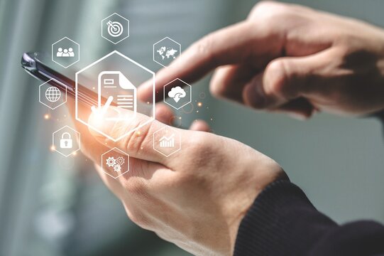 Digital information technology, business person use phone