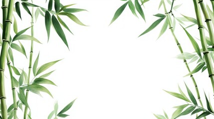 A frame of green bamboo stalks and leaves with a white background.