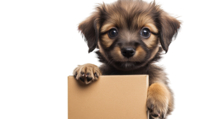 Adorable puppy peeking from behind a cardboard box in a bright setting, on the transparent background. PNG Format