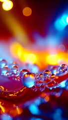 A multitude of bright droplets bursts in a colorful splash, creating a stunning display of vibrant hues against a softly blurred background. Freezing motion. The beauty of nature in the moment. AI