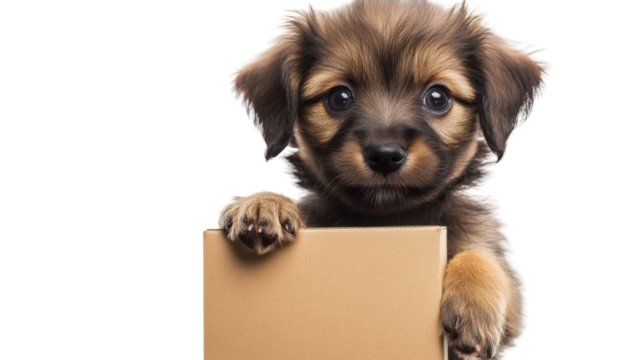 Adorable puppy peeking from behind a cardboard box in a bright setting, on the transparent background. PNG Format