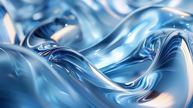 3D render, abstract glass background with blue and silver reflections, close-up of intertwined metallic shapes with blurred edges