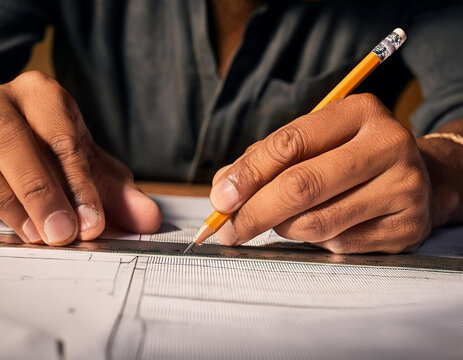 Primer plano de unas manos con un lapiz dibujando sobre un plano