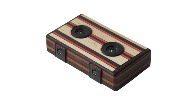 A vintage cassette tape case with artistic design in warm tones, on the transparent background. PNG Format