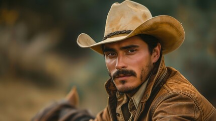 Fototapeta premium A handsome man with a mustache wearing a brown jacket and cowboy hat, sitting on horseback in the countryside of rural Mexico