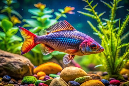 Elegant Barbo Fish Swimming Gracefully in Clear Water Among Rocks and Aquatic Plants in Nature