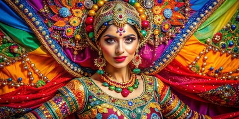 Elegant bedlah costume with intricate embroidery, vibrant colors, and shimmering embellishments displayed