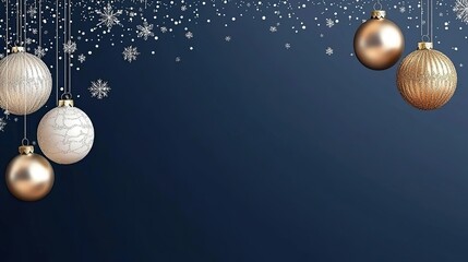 Beautifully designed Christmas ornaments hang gracefully on a dark blue background, adorned with snowflakes and geometric patterns, evoking a festive and elegant mood.