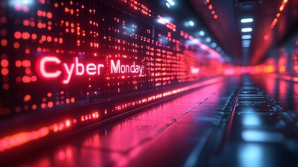 Fototapeta premium Digital display promoting Cyber Monday sales within a modern shopping environment
