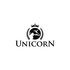 Regal Unicorn Logo Design with Crown and Laurel in Elegant Typography