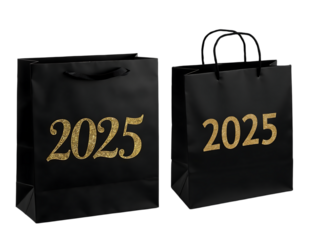 Black Shopping Bags with Gold 2025 Design for New Year Isolated white background 