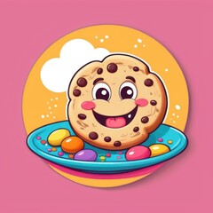 A cute and smiling chocolate chip cookie, decorated with playful eyes and cheeks, rests on a multicolored plate, bringing fun and joy to a sweet treat