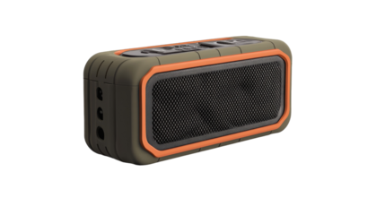 Portable outdoor speaker designed for adventure enthusiasts on the go, on the transparent background. PNG Format