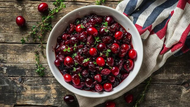Fresh Cranberry Relish In White Dish On Rustic Wooden Table