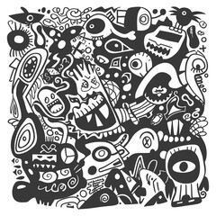 Black and White Abstract Doodle Art with Various Shapes and Eyes