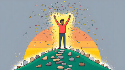 Illustration of a Person Celebrating Success on a Hilltop with Confetti and Rising Sun