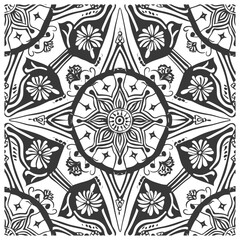 Black and White Abstract Floral Pattern with Central Mandala