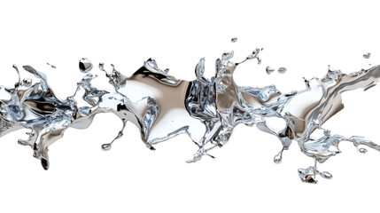 Captivating silver liquid sculpture splashing dynamically over a smooth surface, on the transparent background. PNG Format