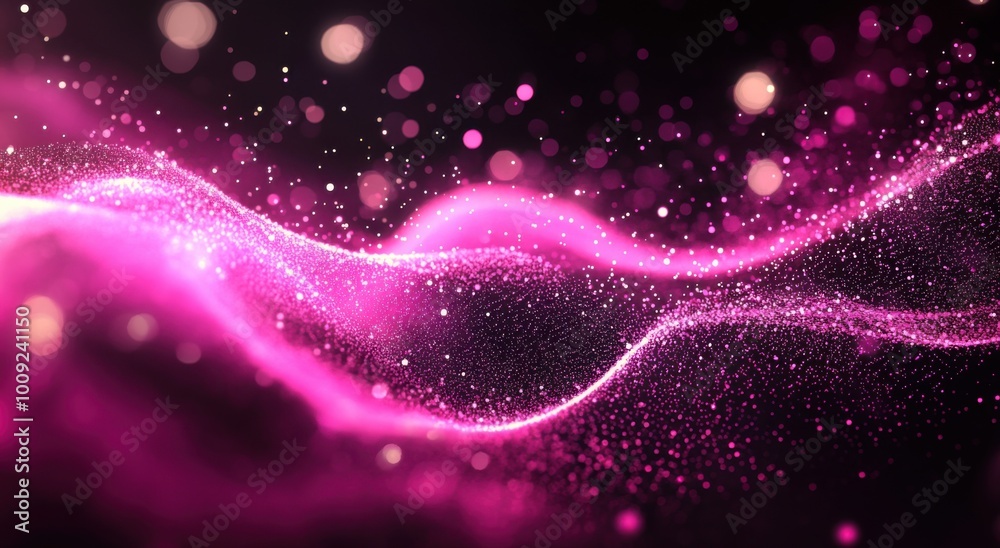 Poster abstract background with pink glowing particles and waves on a black backdrop. shiny glitter dust in