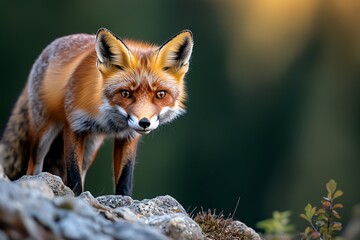 Fototapeta premium A close-up of a red fox standing on a rocky hill, its fur glowing in the sunlight as it surveys the forest landscape below