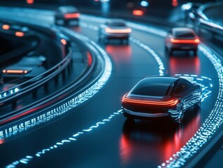 Obraz premium A futuristic black car drives on a road with glowing blue lines.