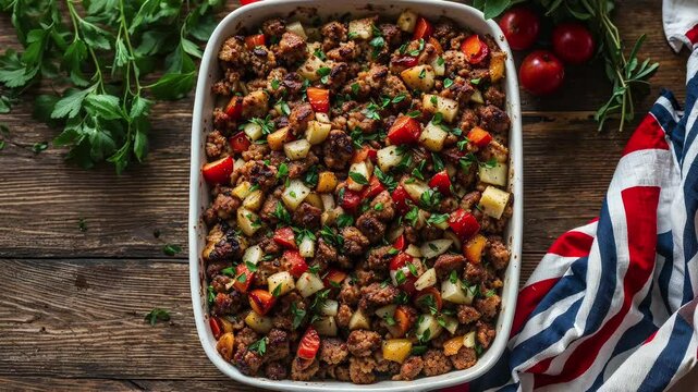 Traditional Sausage Stuffing With Herbs For Thanksgiving Feast