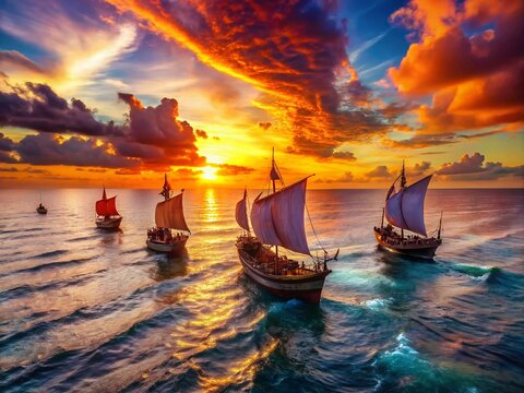 Elegant carabelas sailing across tranquil waters under a vibrant sunset sky with soft waves lapping