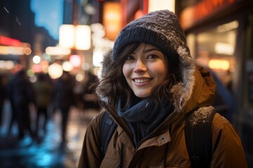 Portrait of a smiling woman in her 40s wearing a warm parka isolated in bustling city street at night