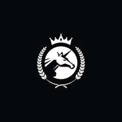 Regal Unicorn Logo Design with Crown and Laurel in Elegant Typography
