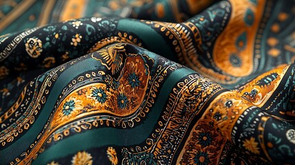 Green and Gold Paisley Fabric Texture Vintage Pattern Background