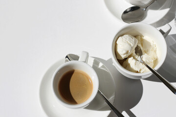 Closeup of  Fresh Espresso, Cup with Vanilla Ice Cream. Caffeine. Cafe.