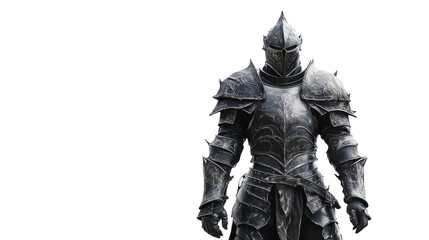 A solitary knight in ornate armor stands against a misty backdrop at dawn, on the transparent background. PNG Format