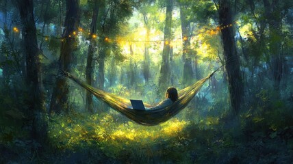 A woman is relaxing in a hammock in a forest