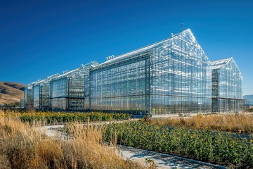 Obraz premium Modern greenhouse complex against a clear blue sky.