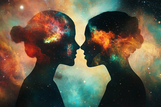 woman silhouettes over cosmic background